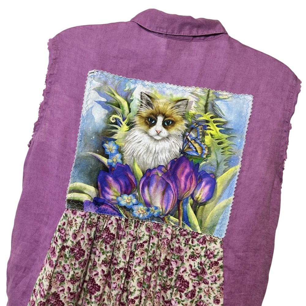 100% Linen Cat Blouse Sleeveless Patchwork Button Down Shirt Vest Womens XSP